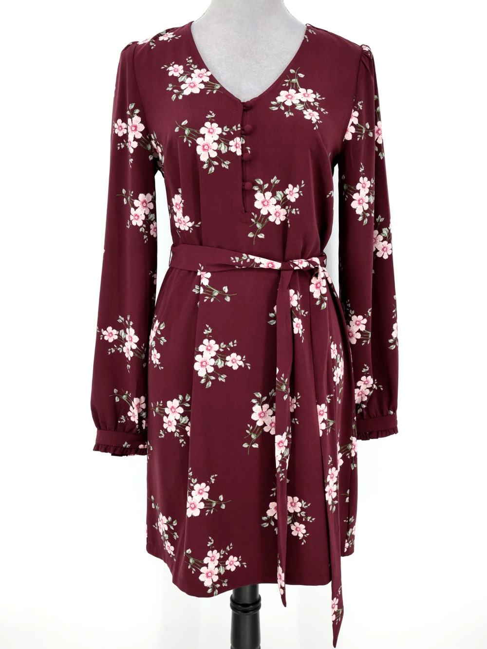 Loft Dress Womens 0 Burgundy Floral Rayon Belted Whimsy Garden Boho New